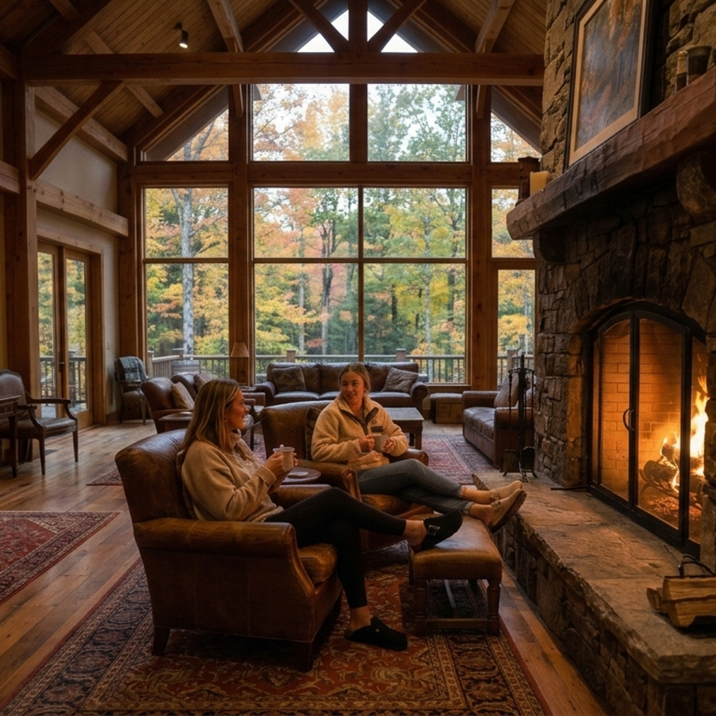 two ladies sitting in front of a bit fire in a cozy lodge.