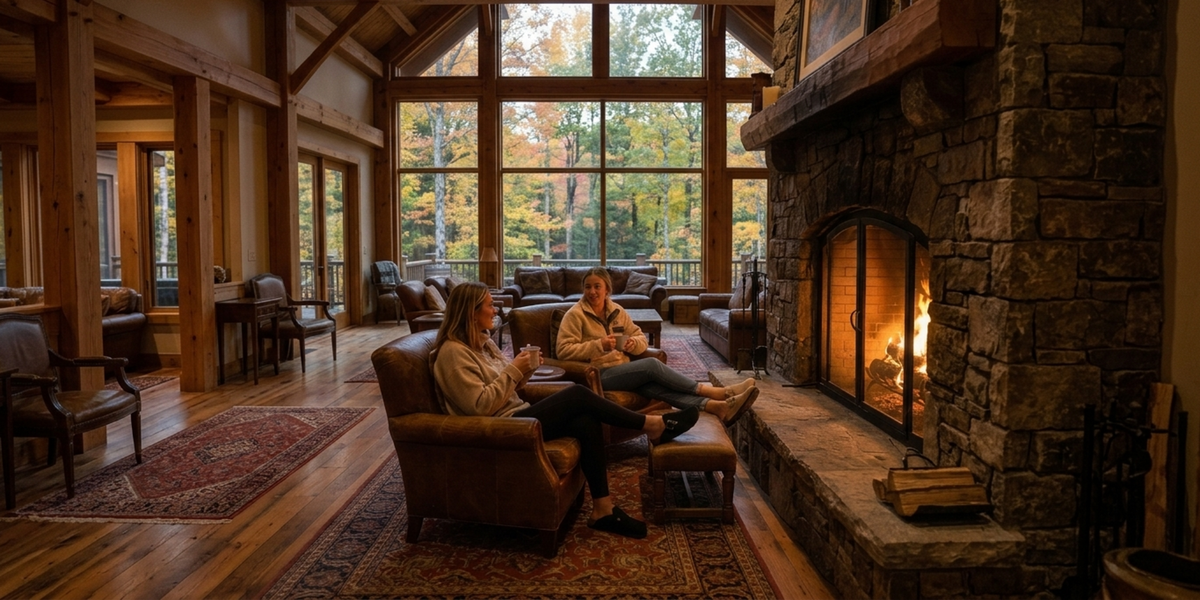 two ladies in front of a fire in a big cozy lodge